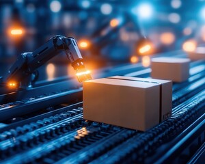 Poster - industrial automation with robotic arms, boxes.