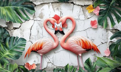 Flamencos drawn in the leaves on a textured background, wall murals for a room or house