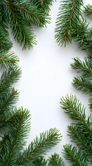 Wall Mural - Decorative border frame with evergreen pine branches isolated on white  background with copy space for text