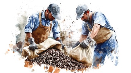 Two Men Working in a Coffee Roastery - Watercolor Illustration.