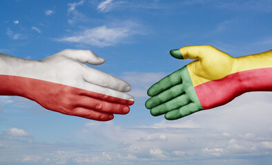 Benin and Poland country handshaking with flags, consensus concept international co-operation illustration