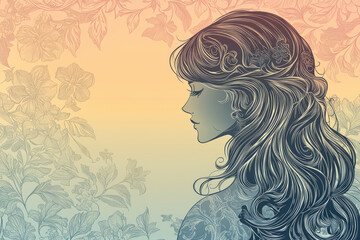 Elegant silhouette of woman with flowing hair, surrounded by floral patterns in soft pastel colors. intricate details evoke sense of beauty and tranquility