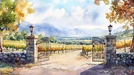 Wall Mural - Watercolor Painting of a Rustic Winery Gate with Vineyard and Mountain Landscape.