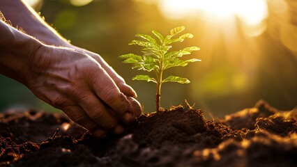 hands planting a young tree in the ground, bathed in warm sunlight. Symbolizing growth, renewal, and hope for the future