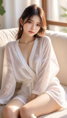 A beautiful woman relaxing on a white sofa in a living room with the morning sun shining in. Loungewear. Negligee. 朝日の差し込むリビングルームの白色のソファでくつろぐ綺麗な女性。部屋着。ネグリジェ。