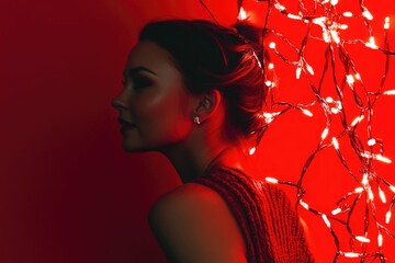 Wall Mural - Silhouette of a woman against red background with festive lights and warm glow