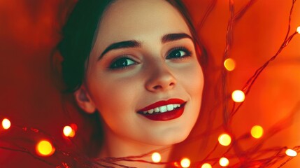 Wall Mural - Radiant woman smiling amidst festive warm glow of string lights