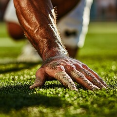 Intense Game Preparation: Lineman's Hands Grip Turf Before Snap with Focus and Tension