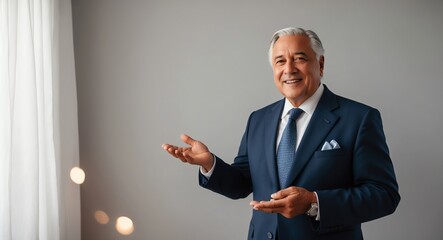 Wall Mural - Confident elderly Hispanic real estate agent in a suit presenting a property against a light gray background