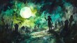 © NatthaphonSiri - A Woman in a Graveyard Under the Moonlight, Watercolor Painting.