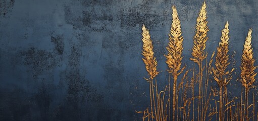 Background with golden grass in a blue art style. Botanical banner hand drawn in art line style for wallpaper, decor, prints, interior design, textiles.