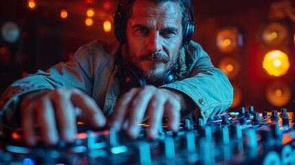 Charismatic DJ with headphones around his neck is mixing tracks on professional DJ console at vibrant club party.