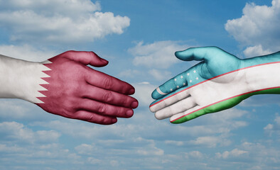 Wall Mural - Republic of Uzbekistan and Qatar country handshaking with flags, consensus concept international co-operation illustration