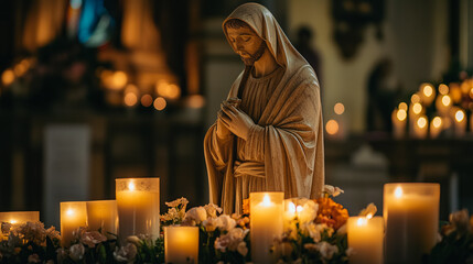 A statue of Jesus is surrounded by candles, creating a serene