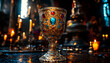 © N0X - Ornate golden chalice with blue gems, centerpiece on a table of gold.