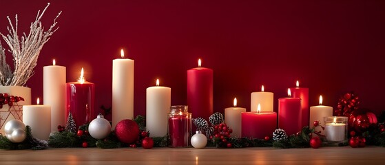 Aufkleber - Elegant Christmas Candle Display on Red Background