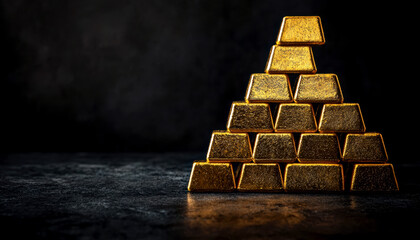 Gold bars arranged in a pyramid shape on a dark background.