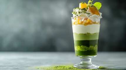 This elegant matcha parfait showcases vibrant layers of creamy matcha whipped cream, fresh fruit, and smooth textures, served in a tall glass for a delightful treat