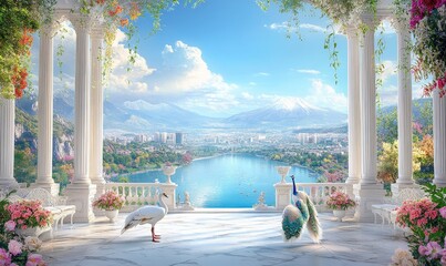 Wall Mural - The fresco has a beautiful view of the lake with a waterfall and swans. Photo wallpapers.