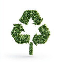 A vibrant green recycling symbol made from lush leaves, representing sustainability and environmental conservation.