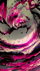 Poster - Abstract white, black, and pink 3D spiral shaped tornado with unusual transforming texture, seamless loop. Motion. Top view of water like swirl in endless spinning motion.