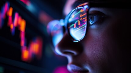 Aufkleber - An individual wearing glasses is focused on a brightly lit screen showing vibrant graphs. The intense concentration reflects a deep engagement with data analysis