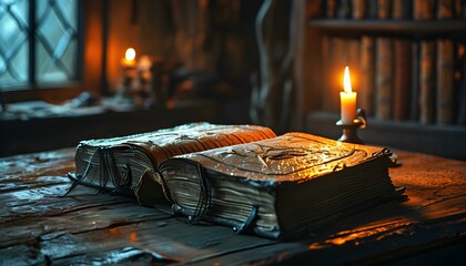 mysterious old magic book glowing with glitter in a dimly lit room