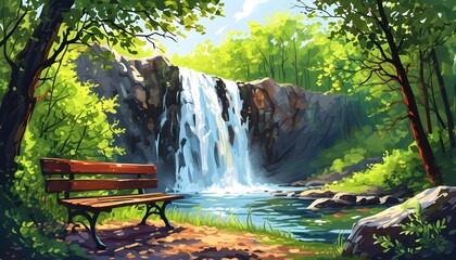 Serene illustration of a vibrant forest park waterfall with a cozy bench seat surrounded by lush greenery