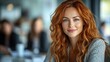 © PixelAI - Confident Woman with Red Hair Smiling in a Cafe
