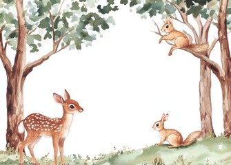 Wall Mural - Wallpaper with squirrel, deer, and rabbit. Watercolor animal illustration and forest evergreen trees.