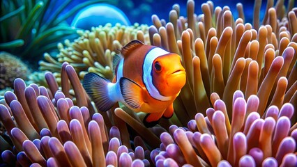 A vibrant clownfish swims among colorful anemones in a beautiful underwater scene, showcasing the wonders of marine life.