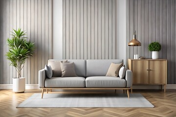 Livingroom interior wall mock-up with gray fabric sofa and pillows on white background with free space on right 3d rendering