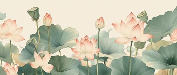 Poster - Elegant linear floral wallpaper in minimalist style with lotus flower, leaves, and buds.