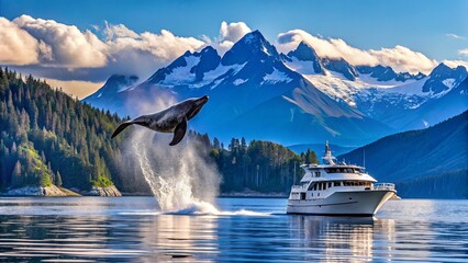 Wall Mural - A majestic whale breaches the surface near a boat, set against stunning mountains and a vibrant sky, capturing the beauty of nature.