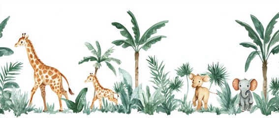 Wall Mural - Stunning seamless tropical pattern with giraffes, elephants, zebras, and lemurs. These African animals are hand-painted in watercolor. Perfect for wallpapers and stickers.