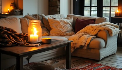 Warm candlelit ambiance in a cozy living room with a soft blanket draped over a comfortable sofa