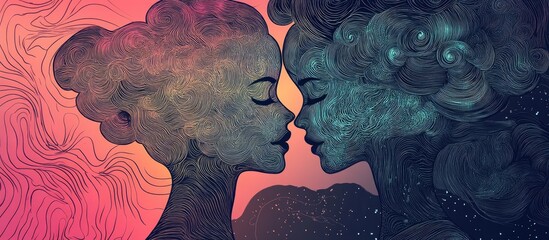 Surreal romantic dream featuring intertwined heads love theme line art style 2d illustration EPS 10 format