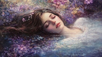 Enchanting painting of a beautiful woman resting in a tranquil lake showcasing her ethereal form Dreamy and surreal featuring flowing hair and a captivating mystical landscape