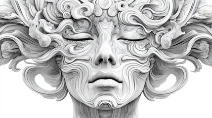 Antique sculpture in surreal psychedelic style with intricate line art set against a white background 2d illustration