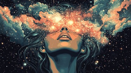 Wall Mural - Surreal tattoo art featuring a woman immersed in the cosmos Represents themes of magic esotericism and astrology ideal for t shirt designs