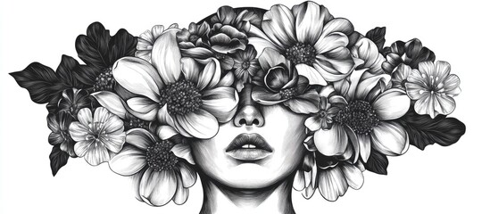 Monochrome illustration of a girl s face adorned with flowers Ideal for themes of astrology meditation nature conservation esoteric designs prints tattoos and fabric Original surreal artwork