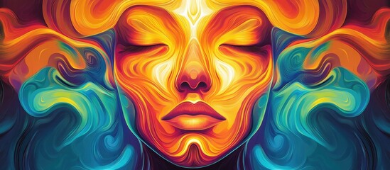 Abstract psychedelic art featuring a human face exuding vibrant energy ideal for prints on t shirts and various design applications