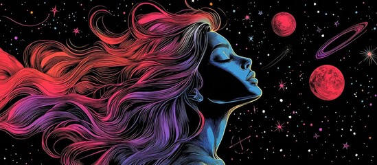 Wall Mural - Surreal girl immersed in the universe embodying themes of magic esotericism and astrology Ideal for trendy apparel and t shirt designs