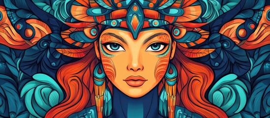 Enigmatic shamanic girl depicted on a blue backdrop Hand drawn 2d illustration of a surreal tribal ethnic woman in a cartoon doodle style for coloring books