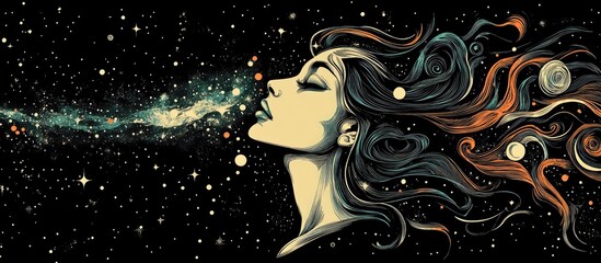Wall Mural - Surreal tattoo and t shirt design featuring a mystical woman immersed in the universe symbolizing magic poetry esotericism and astrology