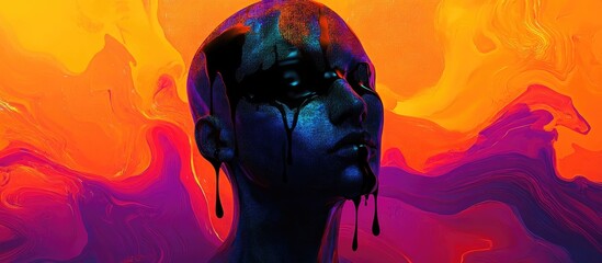 Surreal illustration of an abstract head weeping black tears featuring a vibrant motley design with mesh gradients and transparency effects