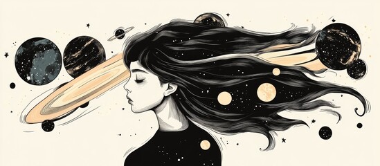 Wall Mural - Hand drawn 2d illustration of a woman with planets featuring surreal tattoo art Ideal for cards posters banners prints for apparel pins badges and patches