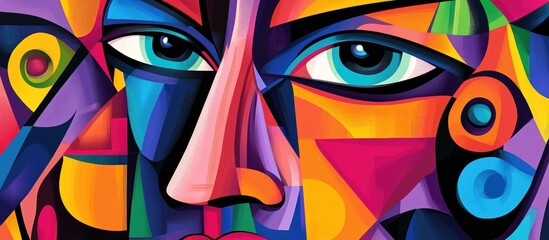 Wall Mural - Cubist style 2d illustration featuring a face with vibrant abstract shapes