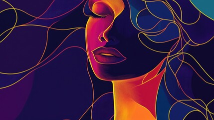 Wall Mural - Abstract portrait of a woman in modern line art style Contemporary silhouette featuring vibrant colors and surreal elements Artistic representation of femininity