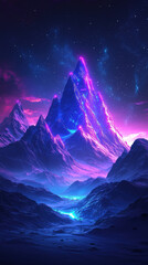 Wall Mural - Futuristic 3D mountains illuminated by neon glowing lights create stunning visual in cosmic landscape. vibrant colors and ethereal atmosphere evoke sense of wonder and exploration